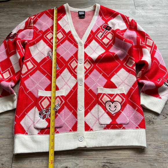 DC Comics Harley Quinn Sweater Cardigan Women's XL Patch Red Pink Cream - Picture 6 of 9